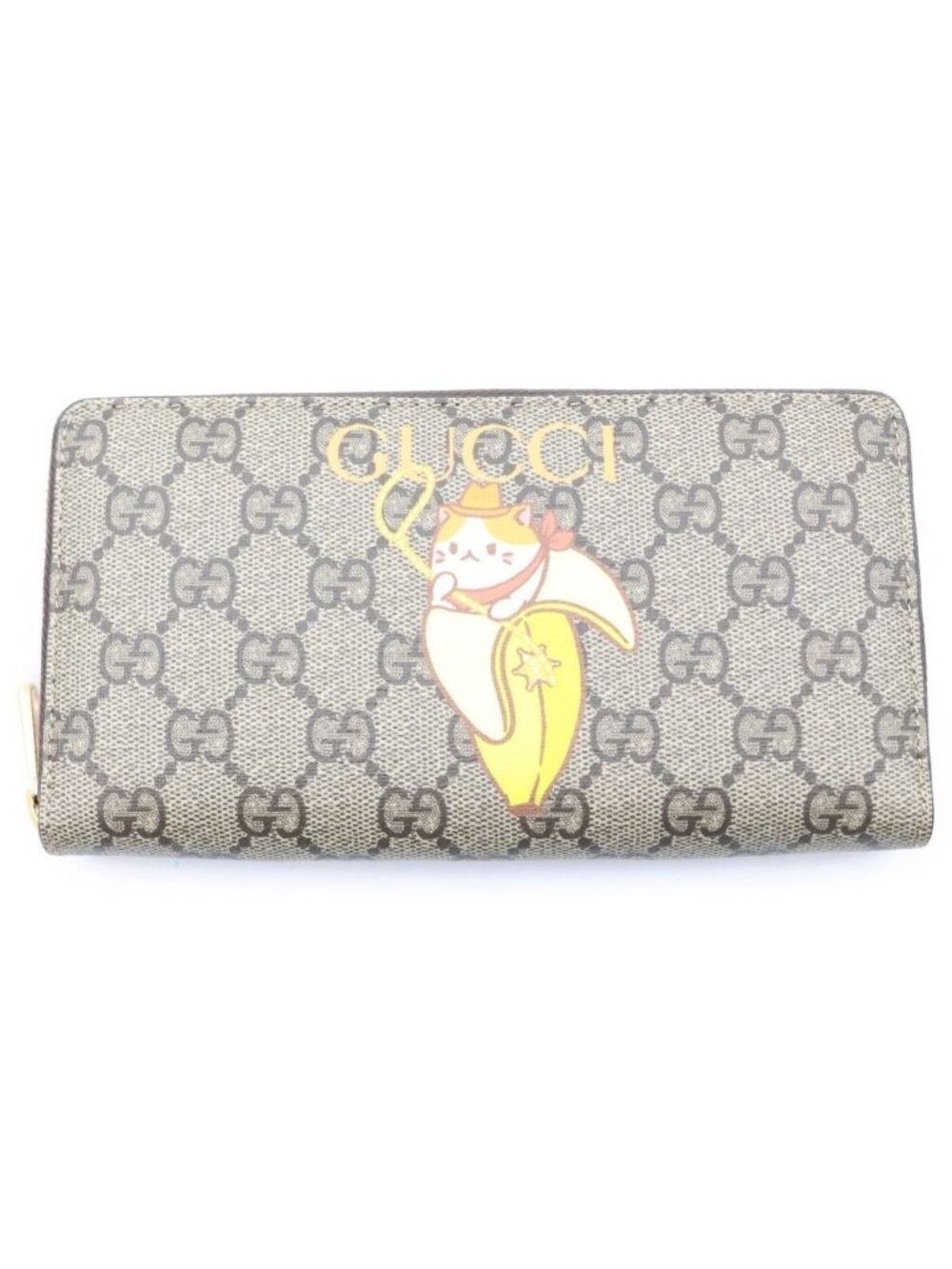 Gucci Bananya Collaboration GG Supreme Wallet Card Case Beige Leather Gold
